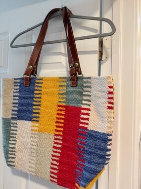 Patricia Nash Salawas large woven Tote Bag with Leather Handles.